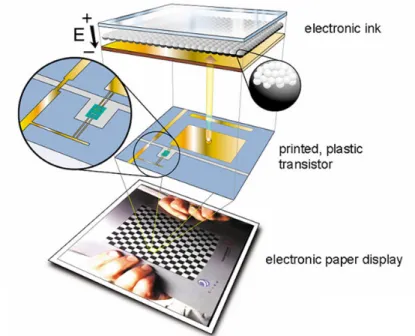 Figure 2.20: Schematic exploded view of the components of a pixel in an electronic paperlike display (bottom frame) that uses a microcontact printed flexible active matrix backplane circuit (illustration near the bottom frame)