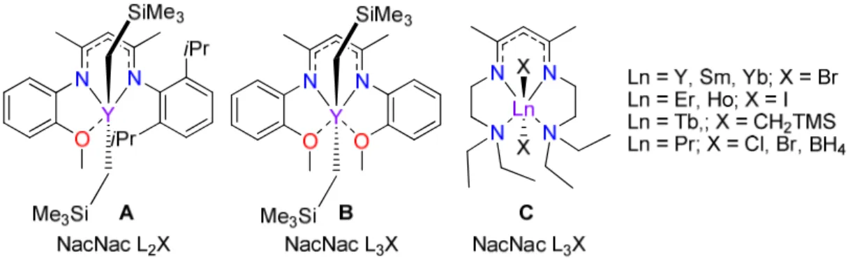 figure  17 :  Exemple  de  complexes  de  terres  rares  stabilisés  par  un  ligand  β-diiminate  fonctionnalisé par une (des) base(s) de Lewis neutre(s) 
