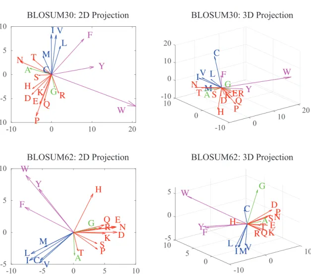 Figure 5. These plots represent the 2D (left panels) and 3D (right panels) vector representations of amino acids as derived from the BLOSUM30 (top), and BLOSUM62 (bottom) matrices
