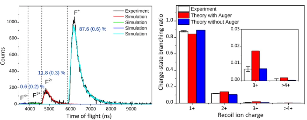 Fig. 3. Left: Experimental  19 F ions ToF distribution following  19 Ne 1+  decay, with the simulated  distributions superimposed