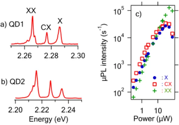 Figure 1: Above saturation microphotoluminescence spectra of two different QDs. a) QD1, b) QD2 (excitation power P