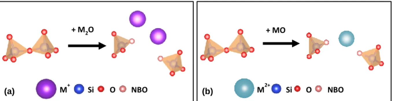 Figure 1 | Représentation de la dépolymérisation du réseau silicaté résultant de la présence  (a) d’alcalins M +  et  (b) d’alcalino-terreux M 2+ , entrainant la formation d’oxygènes non-pontants (NBO)