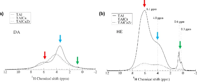Figure 12 | Signaux de verres altérés à pH 9 obtenus (a) en acquisition directe DA et (b) avec une séquence Han- Han-Echo