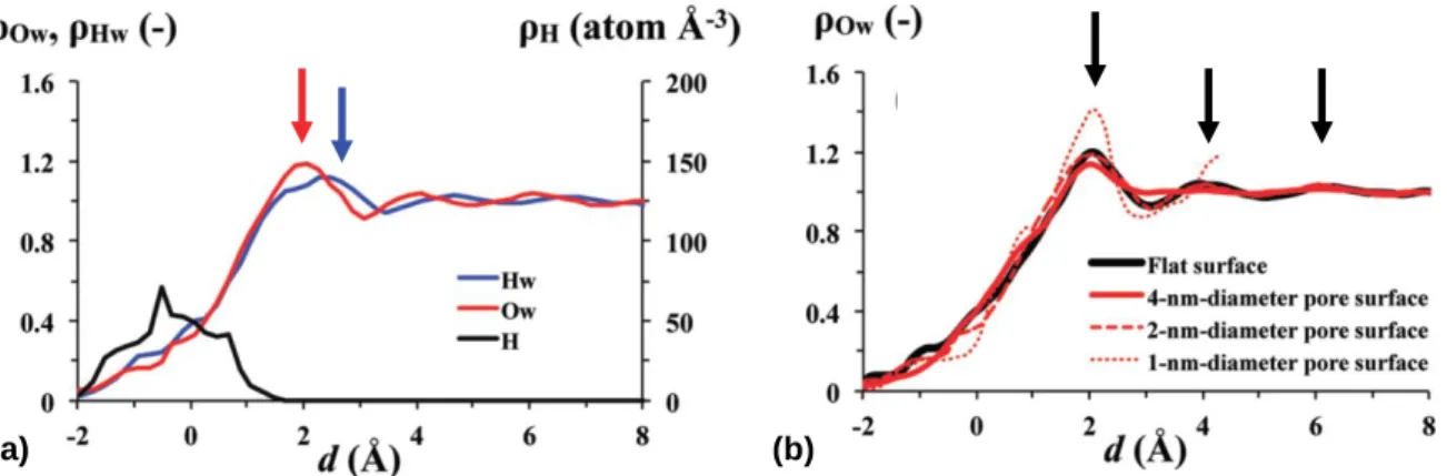 Figure 13 | (a) Mise en évidence de la structuration des molécules d’eau à la surface d’un nanopore de 2 nm de  diamètre : les oxygènes des molécules d’eau sont plus proches de la surface (flèche rouge) que les hydrogènes  (flèche bleue)