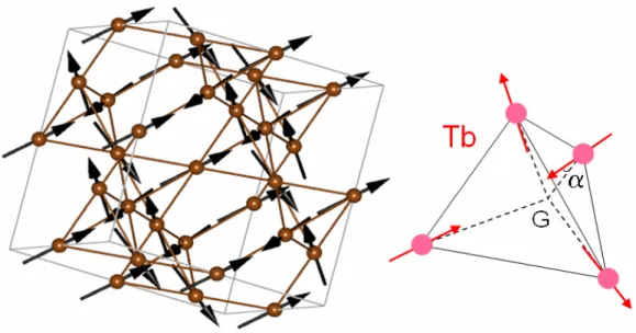Figure 5. The magnetic structure corresponding to the best refinement shown in Figure 4: for the unit  cell (left) and for one tetrahedron (right)
