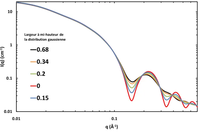Figure 4 : Courbes SAXS calculées pour des cylindres creux en considérant une distribution de diamètre gaussienne de  largeur à mi-hauteur variable (valeurs en Å)