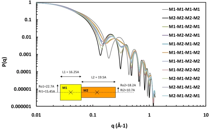 Figure 11 : Modification du P(q) par une variation de rayon le long de l’axe du tube. Deux manchons M1 et M2 sont  considérés, et peuvent être assemblés de 11 manières différentes
