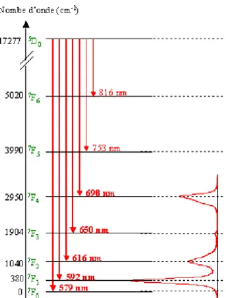 Figure 23 : Niveaux d’énergie de l’ion aquo Eu(III) et transitions associées  