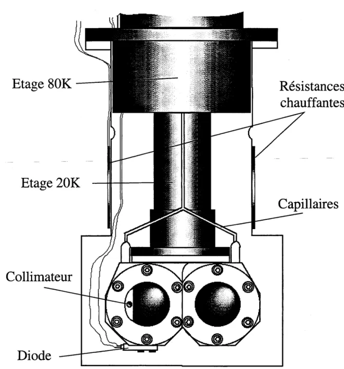 Figure  II.13:  Cible  d'hydrogène  fixée  à  l'extrêmité  de  la  tête  froide  de  la  pompe  cryogénique