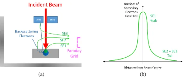 Figure 25: (a) The different types of secondary electrons according to their origin and (b) the distribution of the  number of secondary electrons detected as a function of the distance from the incident beam location