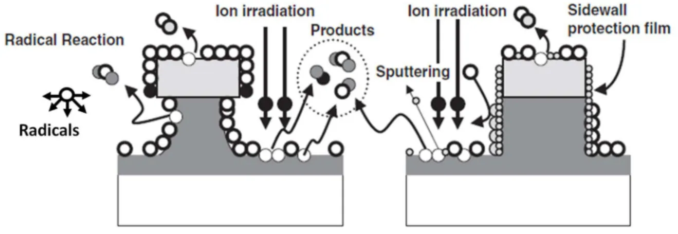 Figure I-11 Schematic representation of the mechanisms happening during plasma etching [79] 