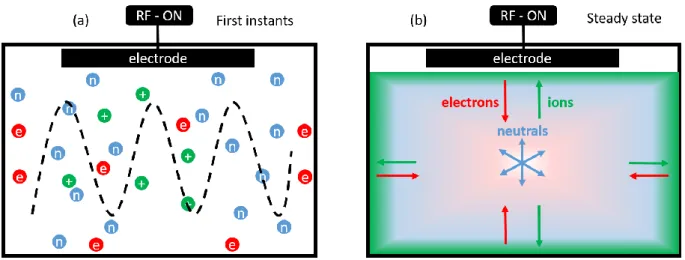 Figure 1.5. (a) First instants of the plasma, favored loss of electrons on the walls. (b) Creation of  sheaths, which equilibrate the ion and electron fluxes on the walls