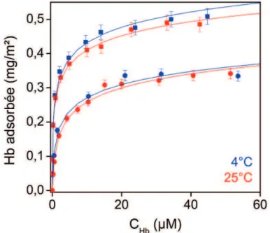 Figure  4-9.  Données  expérimentales  et  régression  non  linéaire  avec  l’isotherme  de  Temkin- Temkin-Pyzhev  de  l’adsorption  de  l’hémoglobine  sur  les  NP  de  silice  20  nm  (C NP   =  4,5  mg/mL)  en  tampon Phosphate 100 mM à 25°C à pH 6 ( )