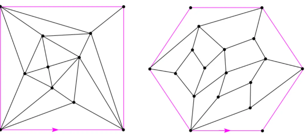 Fig. 1: Left: an irreducible triangular dissection of the square. Right: an irreducible quadrangular dissection of the hexagon.