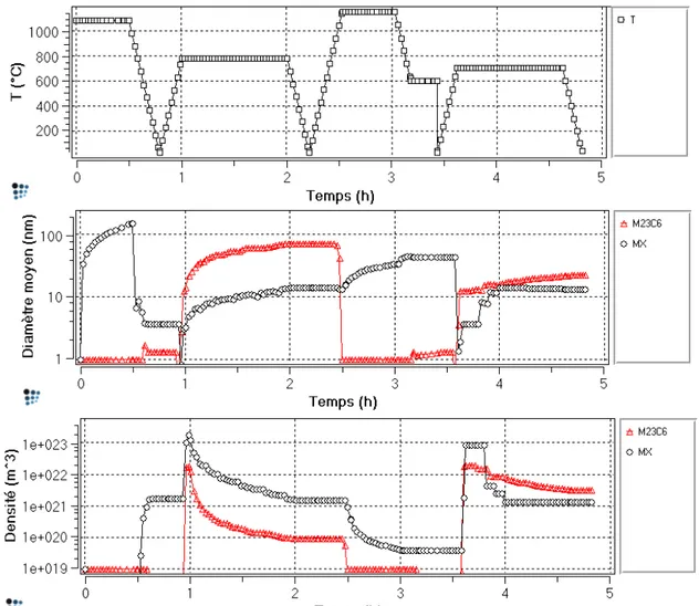 Figure 5 : Simulations par MatCalc de l'év olution des caractéristiques des populations de précipités  de type MX et M 23 C 6  en fonction de la température