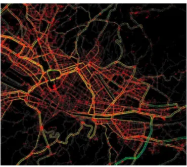 Fig. 6: Aggregated GPS position data (collected from vehicles) in a part of Florence, Italy, measured during March 2008; the red dots correspond to a recorded instantaneous velocity ≤ 30 km h −1 , whereas the yellow dots correspond to velocities in the int