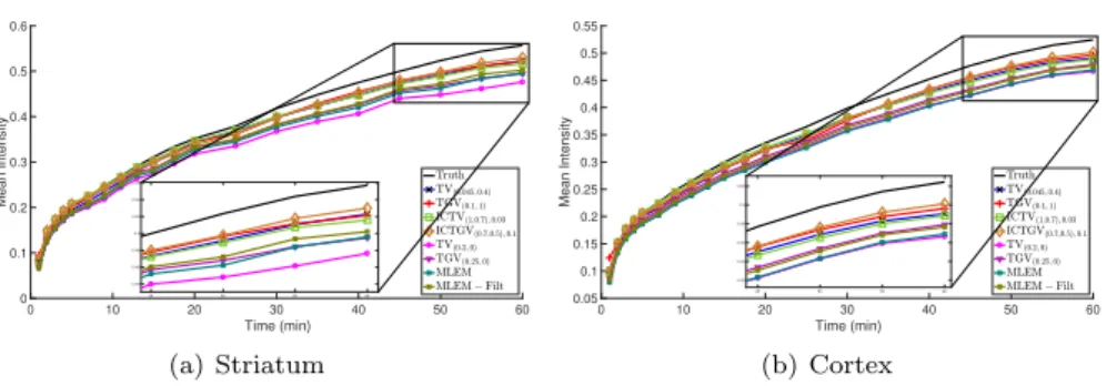 Fig. 13 Results obtained on dynamic PET simulations with FDG radiotracer: Time Activity Curves for regions of interest.