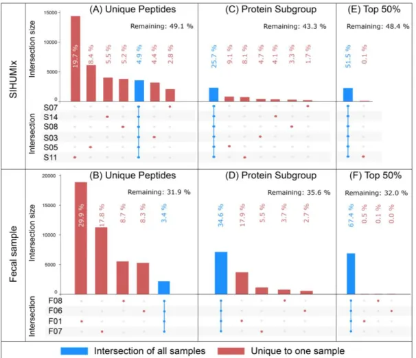 Figure 4. UpSet plot comparison of sets of identified peptides (A and B), protein subgroups (C and  D),  and  50%  most  abundant  protein  subgroups  based  on  spectral  counts  (E  and  F)