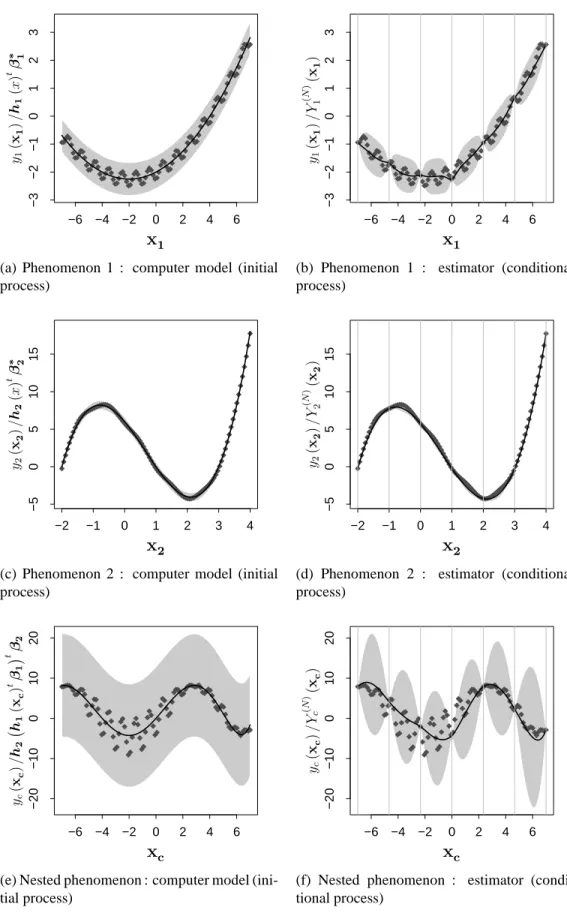 Figure 1: The figures concern the analytical example. On the figures in the left-hand column the lines represent the computer models alone and the grey area the 95% prediction intervals associated with their errors ǫ 1 , ǫ 2 or ǫ c 