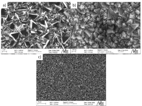 Figure II- 2 : Images MEB en électrons secondaires d'échantillons a), c) diamant microcristallin et c)  nanocristallin