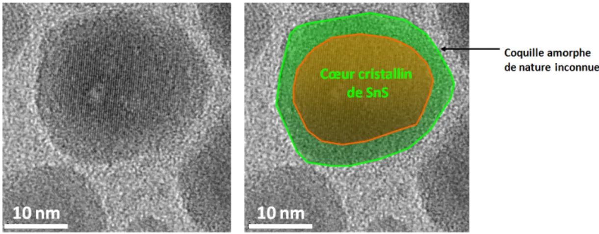 Fig. 3.1 – Clich´ e HRTEM de nanocristaux de SnS r´ ev` elant une coquille amorphe de nature incon- incon-nue.