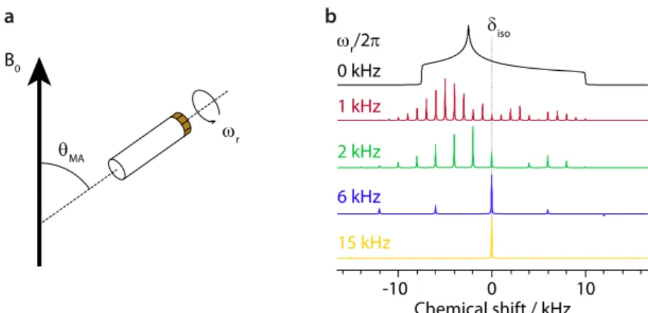 Figure 1.3: (a) Schematic representation of magic-angle spinning at an angular spinning frequency ω r , with θ MA = arctan √