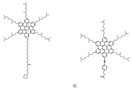 Fig. 2.2 – Molécules 4-5 étudiées. Ce sont des dérivés de HBC, elles ont chacune un substituant se terminant par une fonction greffante sur l’or