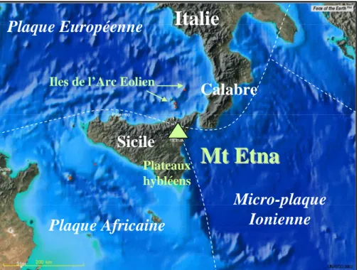 Figure I-1. Localisation de  l’Etna par rapport aux  plaques Européenne,  Africaine et Ionienne