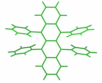 Figure 1.1: Molecular structure of rubrene showing the  tetracene backbone and the four pendant phenyl  rings in a twisted configuration 