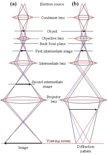 Figure 2. 4. The two basic operations of TEM imaging system (a) imaging mode, (b) diffraction mode 13 