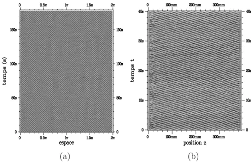 Fig. 2.16: (a) : DST des ondes hydrothermales 1D [64]. (b) : DST de la spirale turbulent dans TC η 1 pour R o = − 850 et R i = 710.