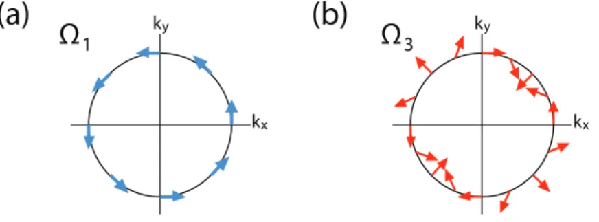 Figure 2.3: The direction of the effective magnetic field for (a) k -linear RSOI and (b) k -cubic RSOI in reciprocal space (blue/red arrows)