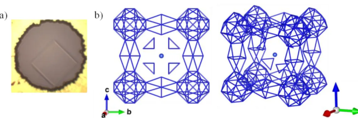 Figure 3 : a) Microphotographe d'un monocristal de N 2 (H 2 ) 2 . b) Structure cristalline en bâton du  solide N 2 (H 2 ) 2 