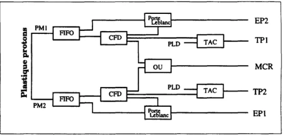 Figure 2.27: Electronique du détecteur plastique situé dans la chambre à réaction I J -1 FCC8 TPLC RDV; TDCS GaleLGateR 1 j QDC• QateLGateR E LE R E n