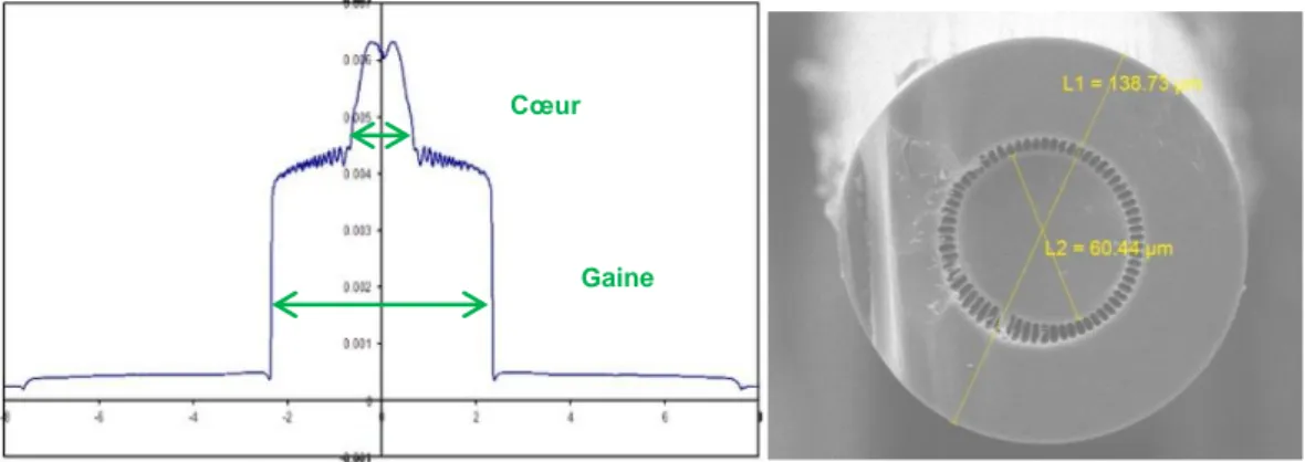 Figure 1.29 : Profil d’indice de la préforme et photographie de la section de la fibre à gaine d’air 