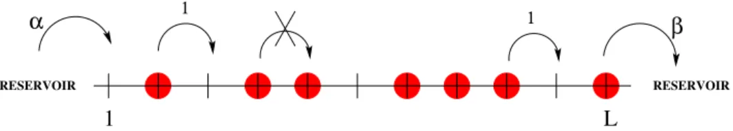 FIG. 1: Illustration of the TASEP with open boundaries on a finite lattice with L sites.