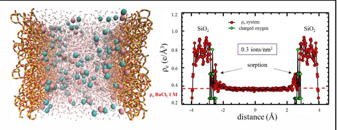 Figure  21:  (a)  Snap-shot  from  atomistic  modelling  of  a  1  M  BaCl 2   solution  in  SiO 2  
