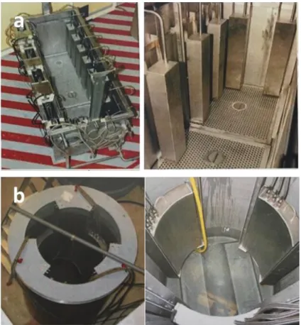 Figure I-30 Underwater ultrasonic generators in decontamination tanks at La Hague: a) type AD1-BDH  and b) type R7 for dismantling of vitrification plant [courtesy of Sinaptec]