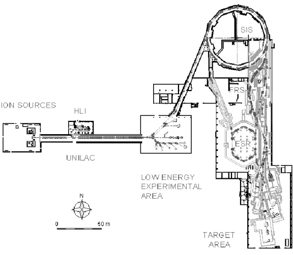 Figure III-4  :  Vue générale de l’accélérateur de GSI. Les différentes aires expérimentales  sont représentées