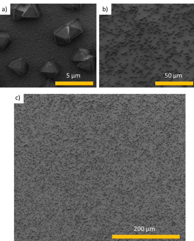 Figure 28 : Images MEB de la manipulation 6 sur ITO a différentes échelles, 5 µm (a), 50 µm (b) et 200  µm (c)
