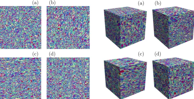 Figure 2.7: Left. Realizations of two-dimensional anisotropic Poisson tessellations restricted to a square of side L, with various angular laws H(n) = H(θ), θ ∈ [0, π]