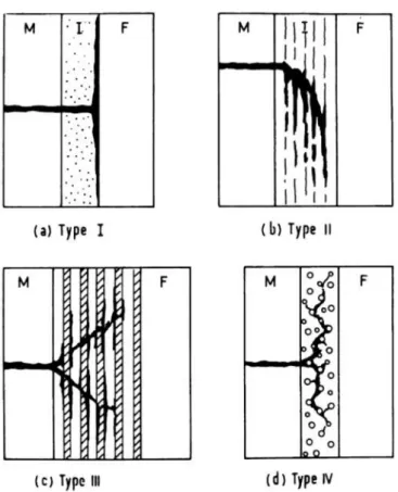 Figure I.16 Différents types d'interphases dans les composites à matrice céramique : (a) interface  F/interphase faible, (b) interphase à structure cristalline lamellaire, (c) interphase 