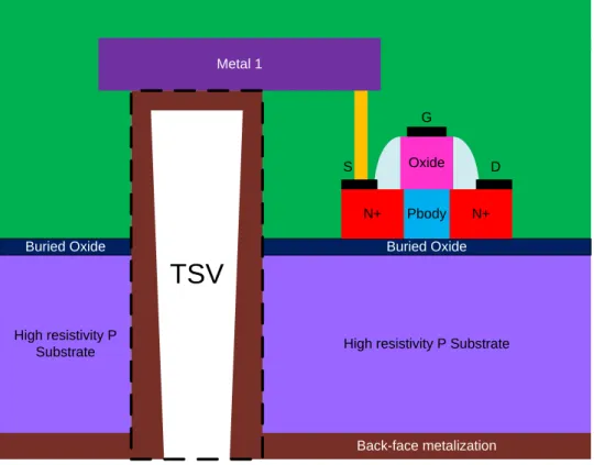 Figure 21: Simplified Cross-section view of a TSV connected to the source of a MOS transistor