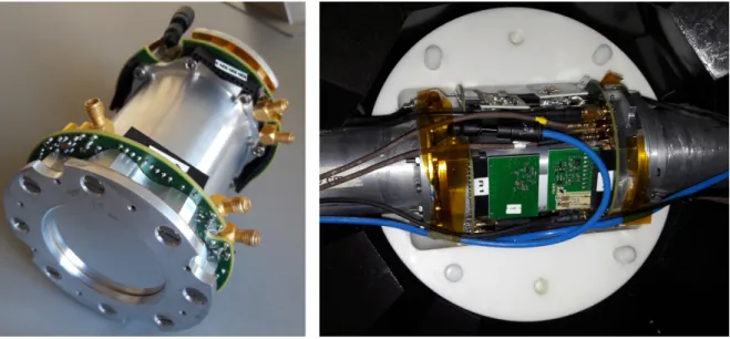 Figure 3.13: Pictures of the dummy fission chamber in the lab (left) and the 233 U loaded fission chamber with electronics and gas connected and embedded in one half of the absorber inside the TAC (right).