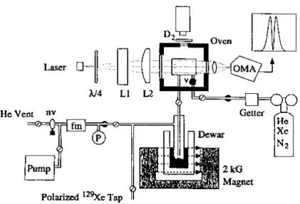 Figure 4.5 – Expérience de polarisation du xénon suggérée par Driehuys et al.. Un flux continu de mélange de gaz est créé à travers la cellule de pompage