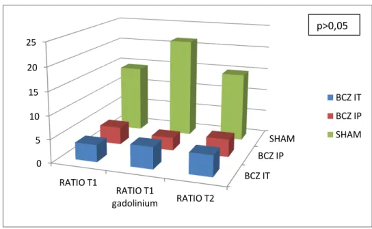 Figure  22 :  histogramme  représentant  les  rapports  de  volumes  entre  la  première  et  la  deuxième  acquisition IRM : cinétique de croissance tumorale après traitement