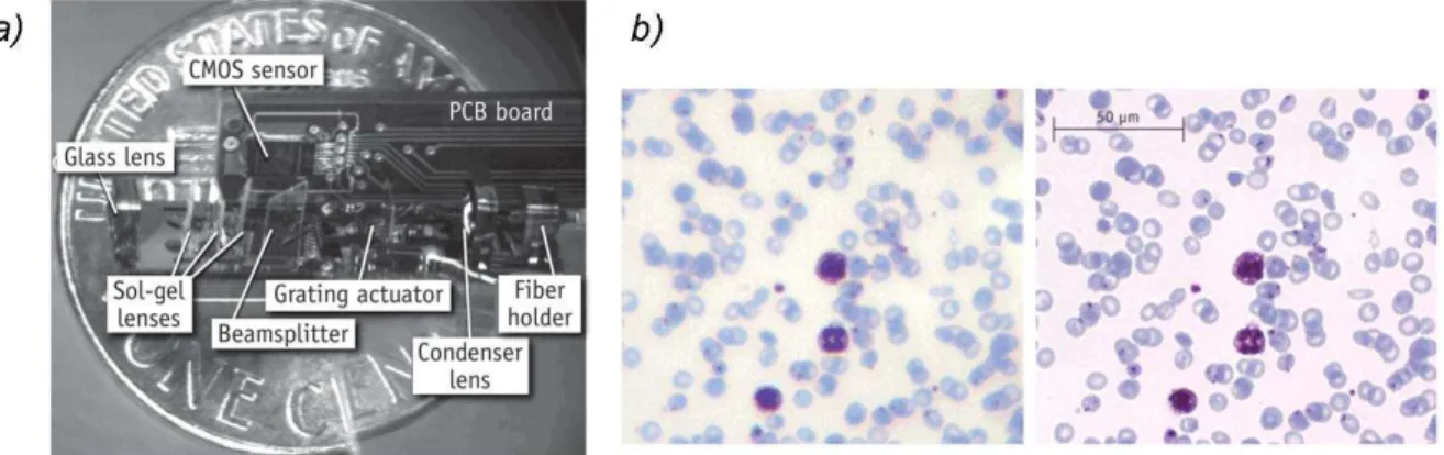 Figure 16- a) Mini-microscope. b) Frottis de sang de malade de la malaria marquée par la méthode  Giemsa avec le mini-microscope (gauche) et avec un objectif Zeiss 40x, O.N=0.95, d’après [76] 