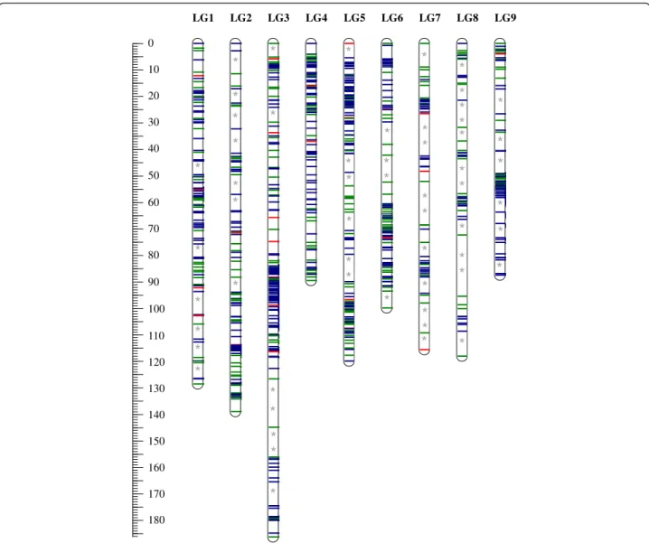 Figure 3 Distribution of markers in the ‘ Nules ’ Clementine genetic map. Red: Indels, green: SSRs, blue: SNPs, **interval between two markers