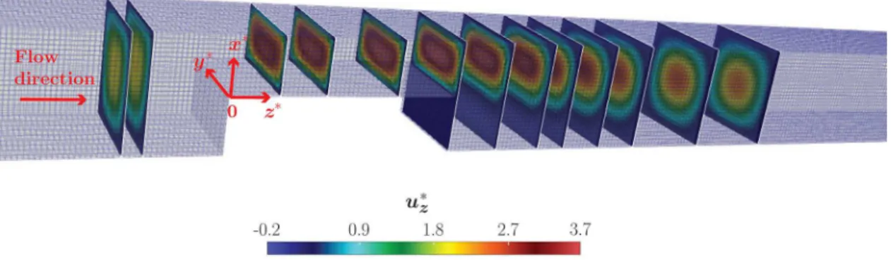 Fig. 4. Slices of u ∗ z velocity calculated by Code Saturne in different (x ∗ , y ∗ ) planes.