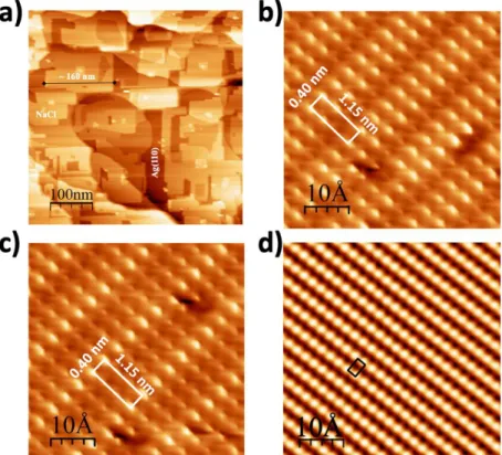 Figure  2:  Occupied-state  STM  images  corresponding  to  (a)  1ML  NaCl  film  on  Ag(110)  (500x500  nm 2 ,  U=  -1.05  V,  I=  0.7  nA),  b)  and  c)  atomically  resolved  STM  images  of  NaCl islands (5x5nm 2 , U= -1.0 V, I= 0.4 nA), the (4x1) unit